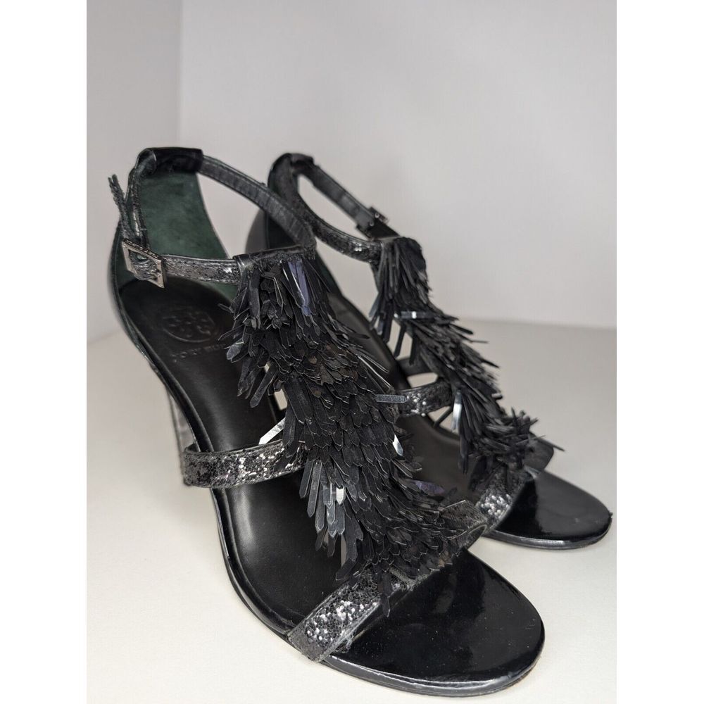 Tory Burch Evelyn Sequin Fringe Heels Black Women's Size 9 Strappy Buckle READ